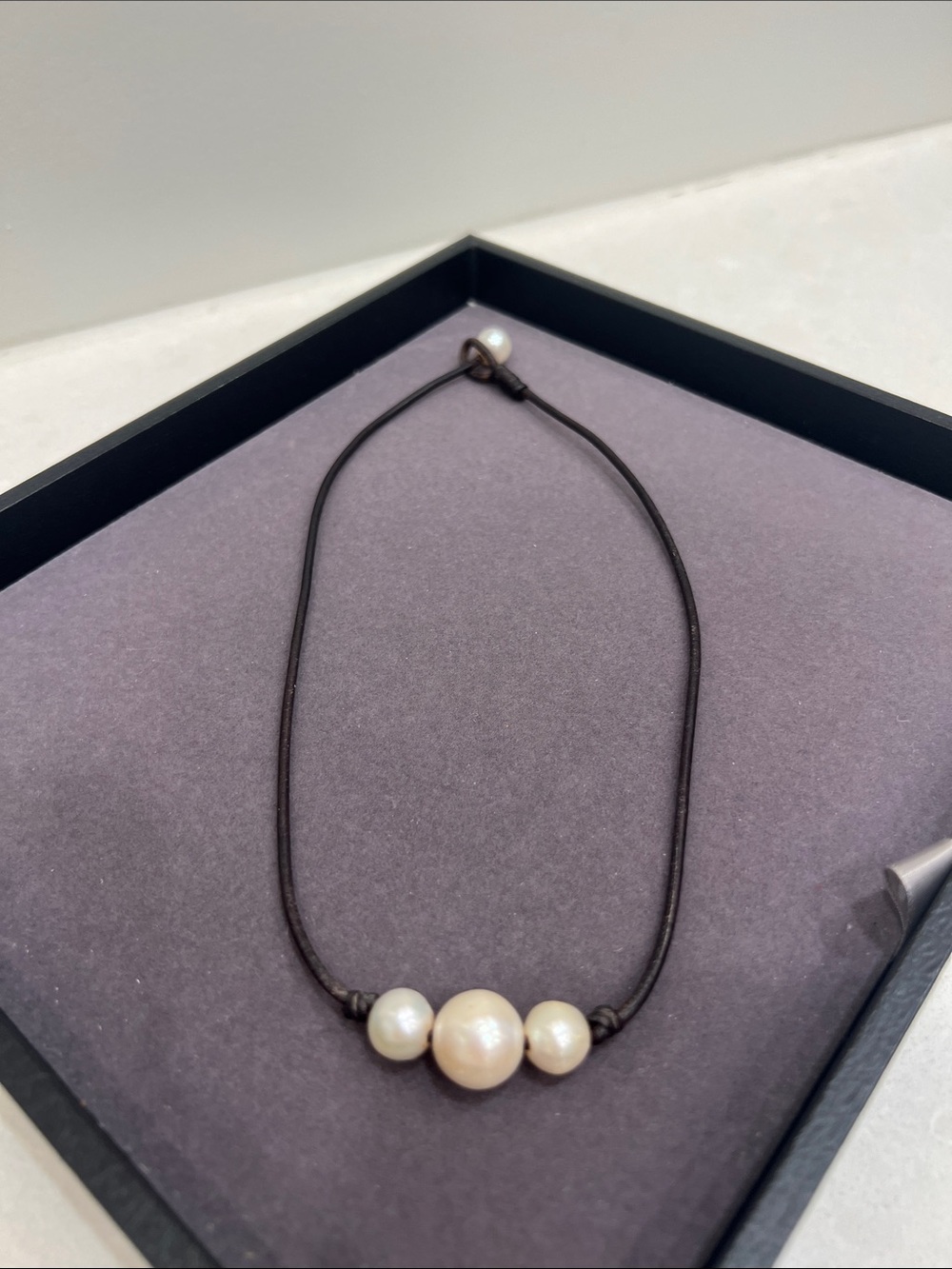 Pearl Trio Cord Necklace - White Pearls on Black Cord